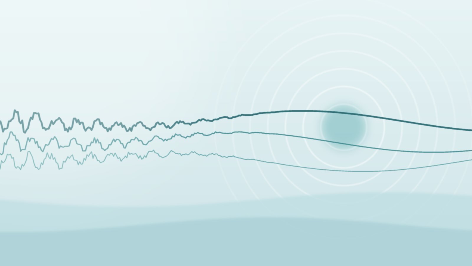 Ilustração abstrata em tons de azul-esverdeado: linhas agitadas à esquerda se transformam em ondas lentas e regulares à direita, ao lado de círculos concêntricos suaves.