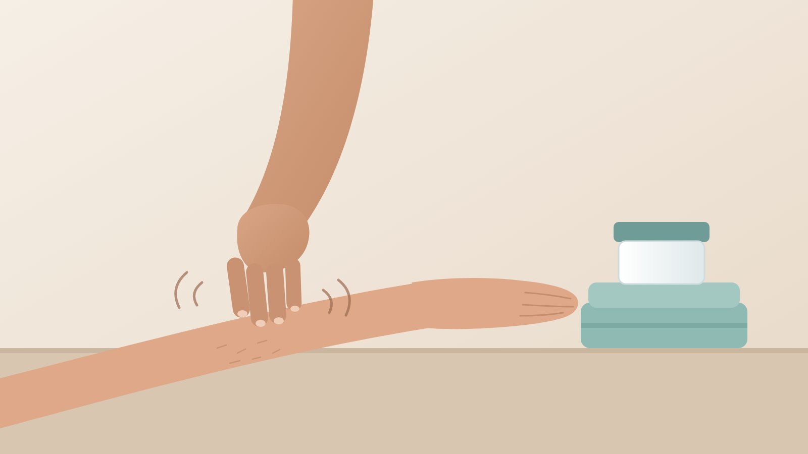 Ilustração de uma mão coçando o antebraço, com um pote de hidratante sem rótulo sobre uma toalha ao lado.