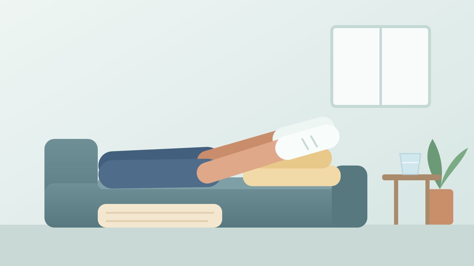 Ilustração de uma pessoa deitada em um sofá com as pernas elevadas sobre almofadas, com um copo de água na mesa ao lado.