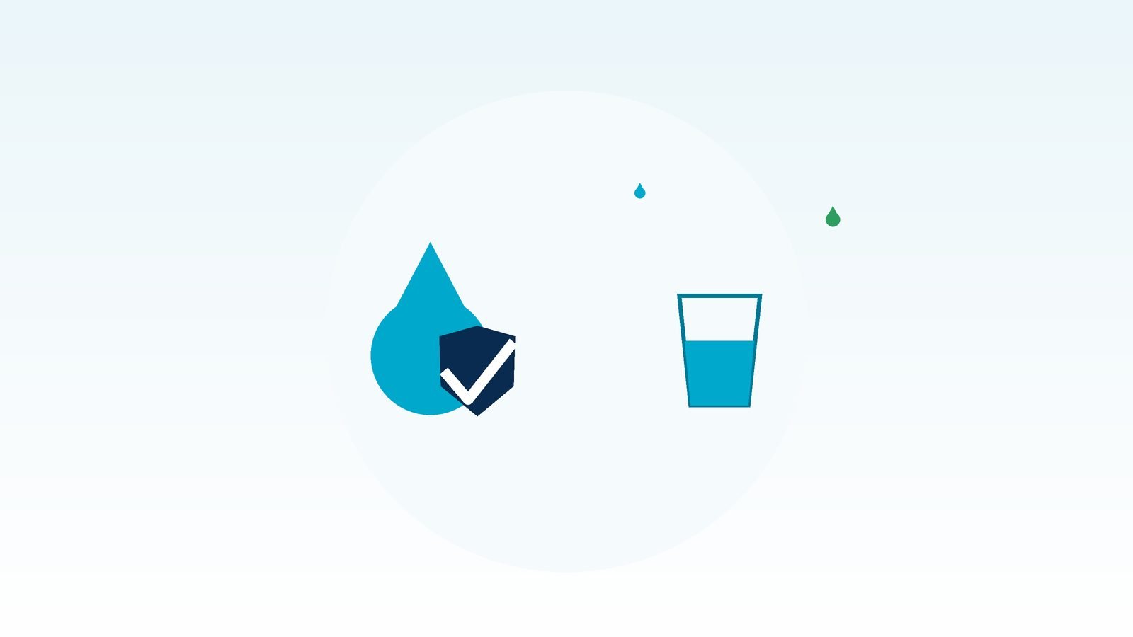 Ilustração de uma gota d'água com um escudo de proteção e um sinal de certo sobreposto, ao lado de um copo com água e pequenas gotas decorativas, representando defesa do corpo e hidratação na prevenção de infecção urinária.