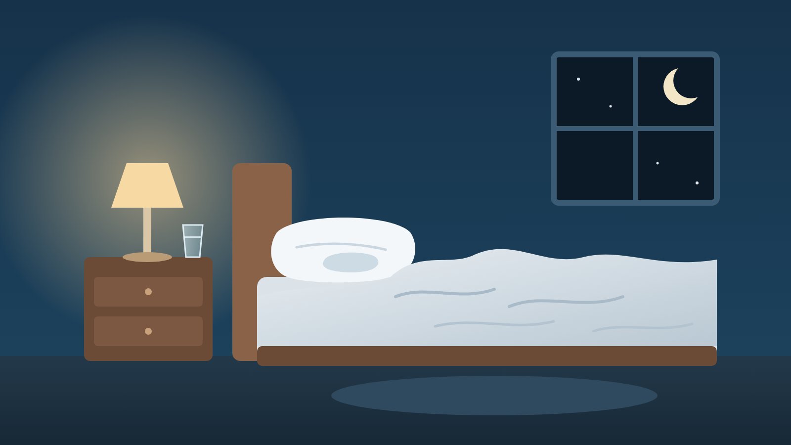 Ilustração de um quarto à noite com cama de lençol amassado, travesseiro com marca de umidade, abajur aceso e copo de água no criado-mudo.