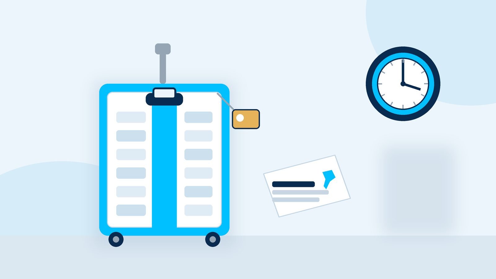 Ilustração de uma mala de viagem azul com etiqueta de bagagem, um cartão de embarque ao lado e um relógio analógico ao fundo, representando a preparação para viajar.