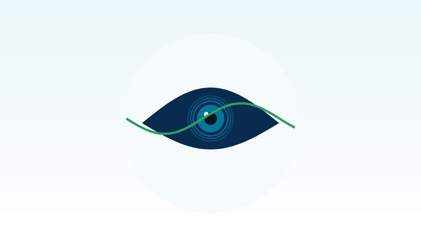 Ilustração de um olho estilizado com a íris cercada por anéis concêntricos suaves representando embaçamento, cruzado por uma linha ondulada representando a variação da glicose no sangue.