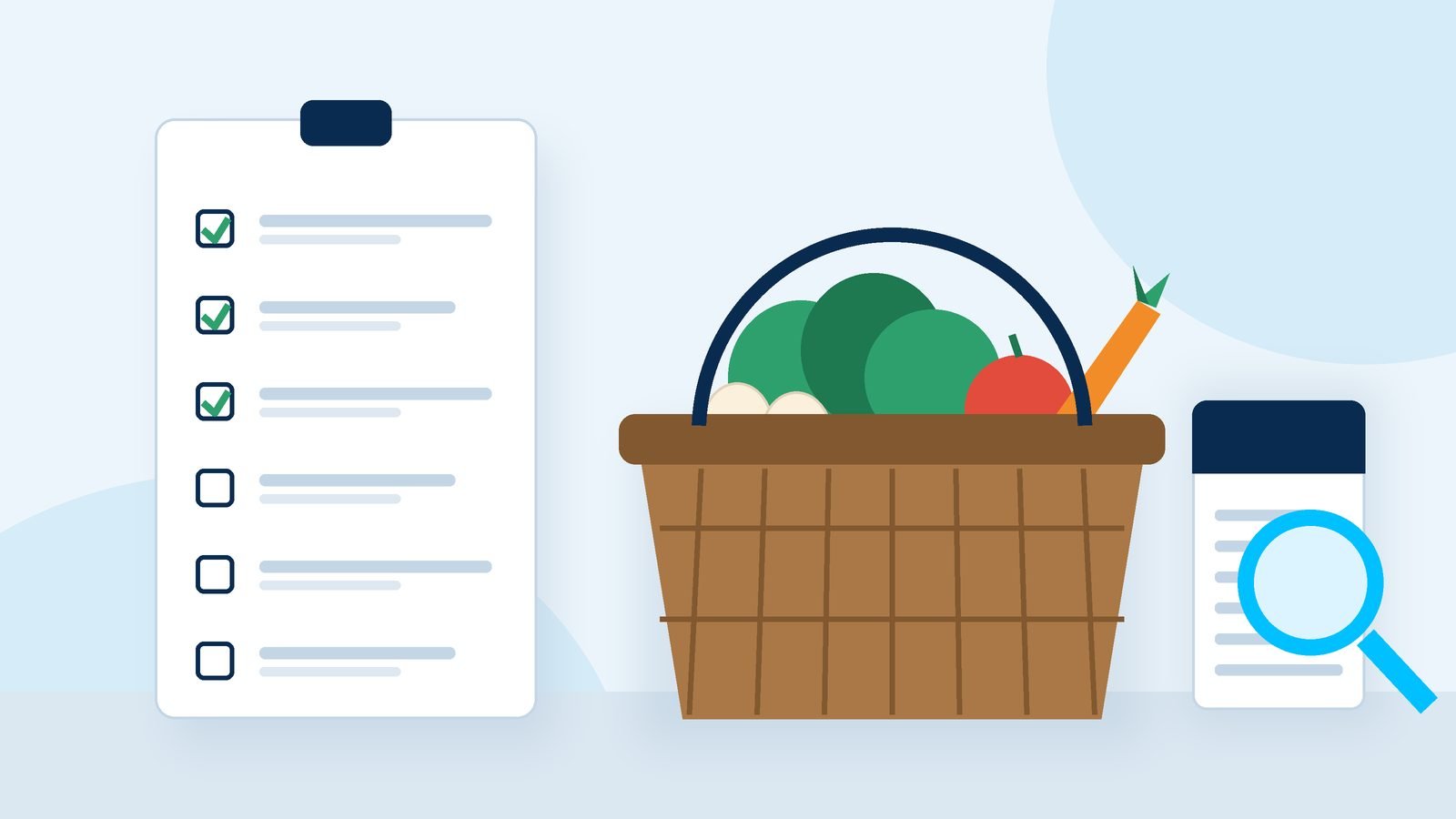 Ilustração de uma lista de compras com itens marcados, uma cesta com verduras, tomate, cenoura e ovos, e uma embalagem de alimento com uma lupa sobre o rótulo.