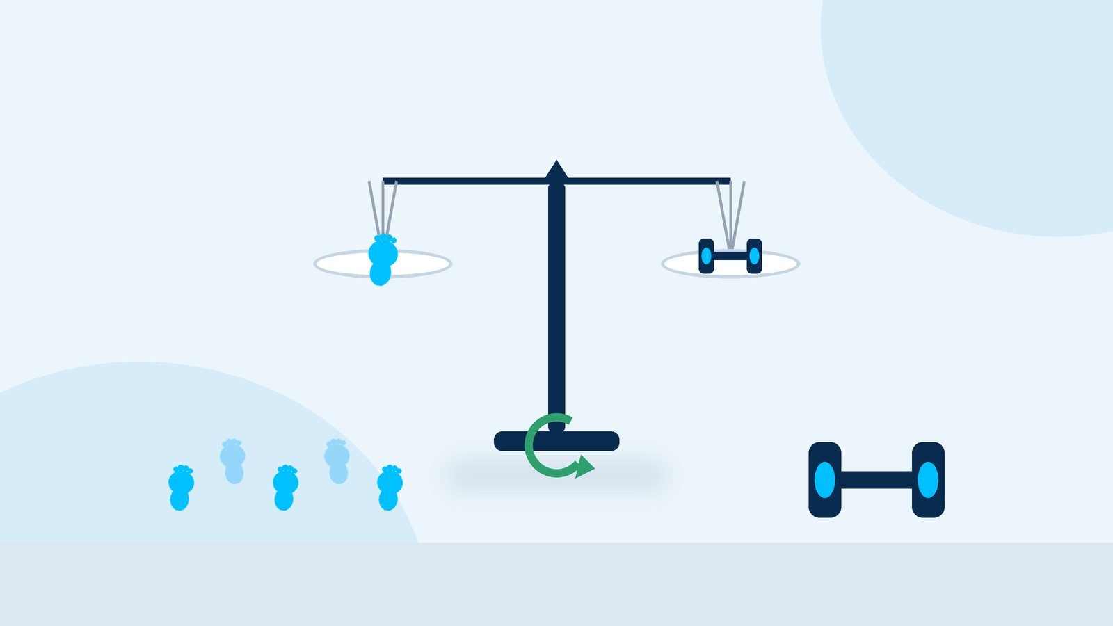 Ilustração de uma balança em equilíbrio com uma pegada de um lado e um haltere do outro, com uma trilha de pegadas e uma seta circular, representando a combinação equilibrada entre caminhada e força com constância.