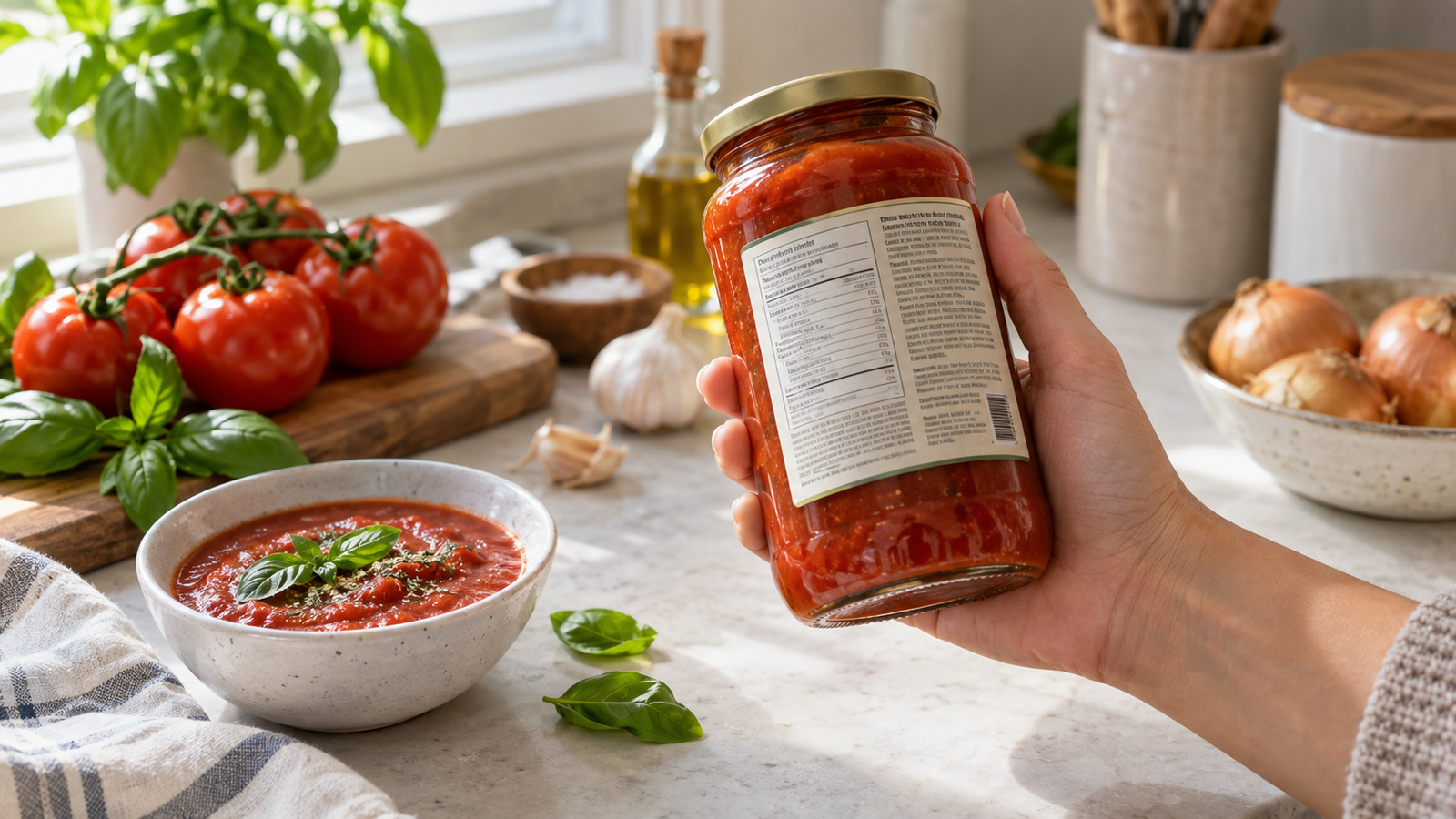 Mão segurando um pote de molho de tomate com o rótulo voltado para leitura, ao lado de tomates frescos e uma tigela de molho.