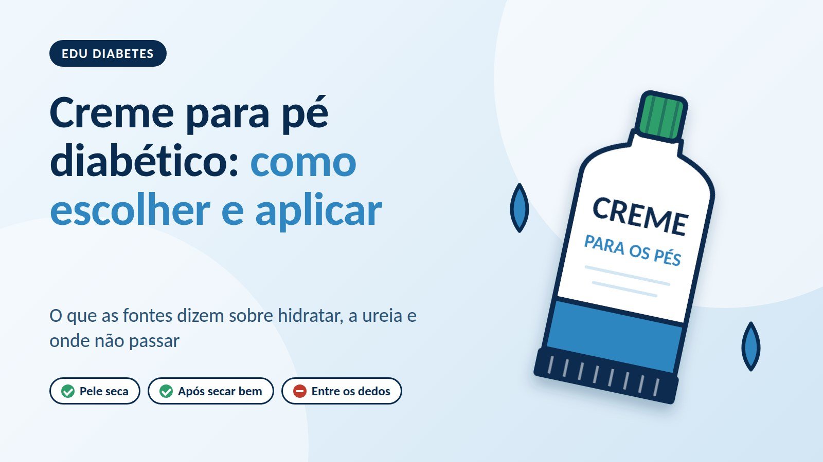 Ilustração de uma bisnaga de creme para os pés e o texto "Creme para pé diabético: como escolher e aplicar", com os destaques pele seca, após secar bem e entre os dedos.