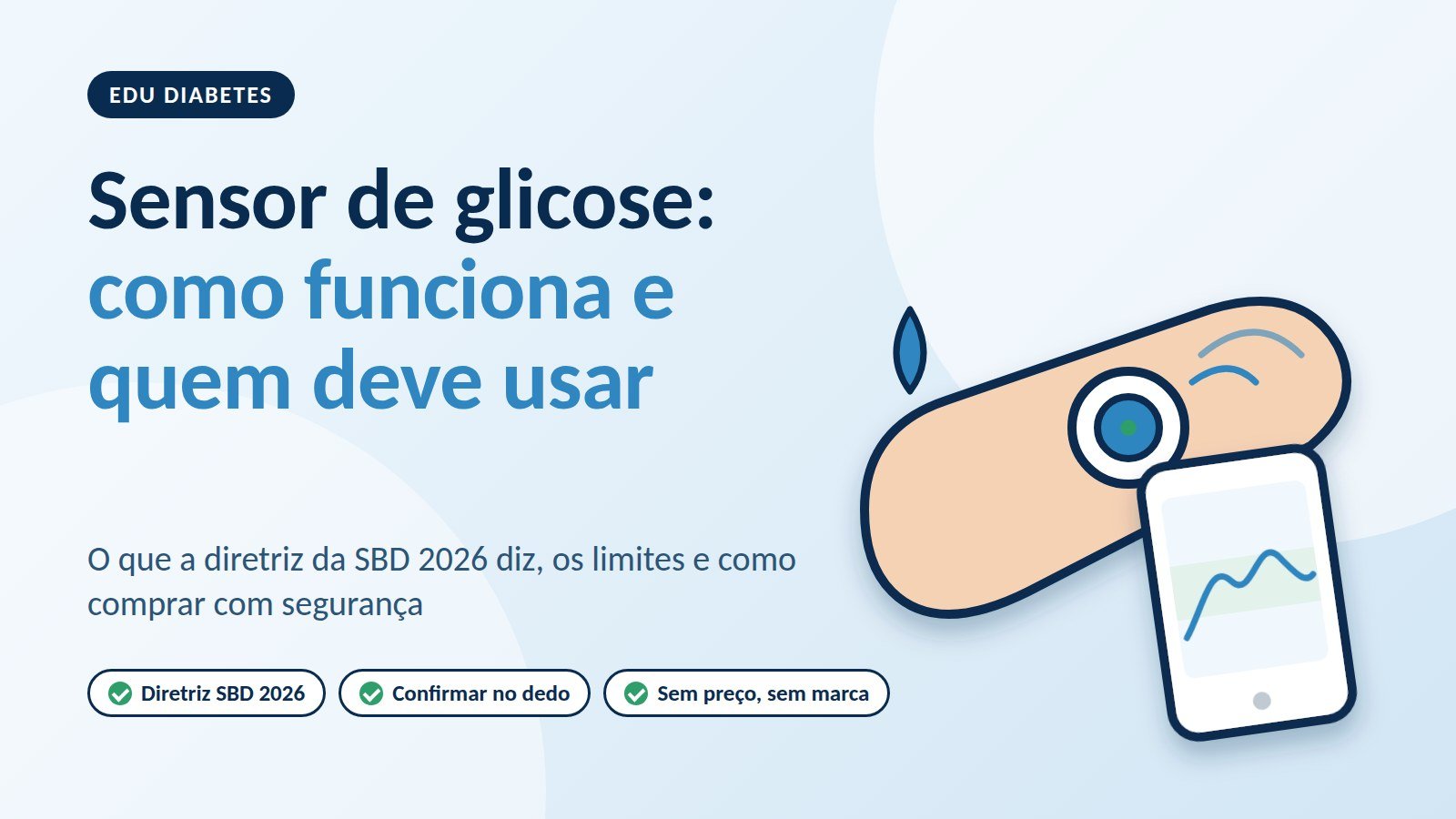 Ilustração de um braço com um sensor de glicose preso à pele e um celular mostrando uma curva de glicose, ao lado do título Sensor de glicose: como funciona e quem deve usar.