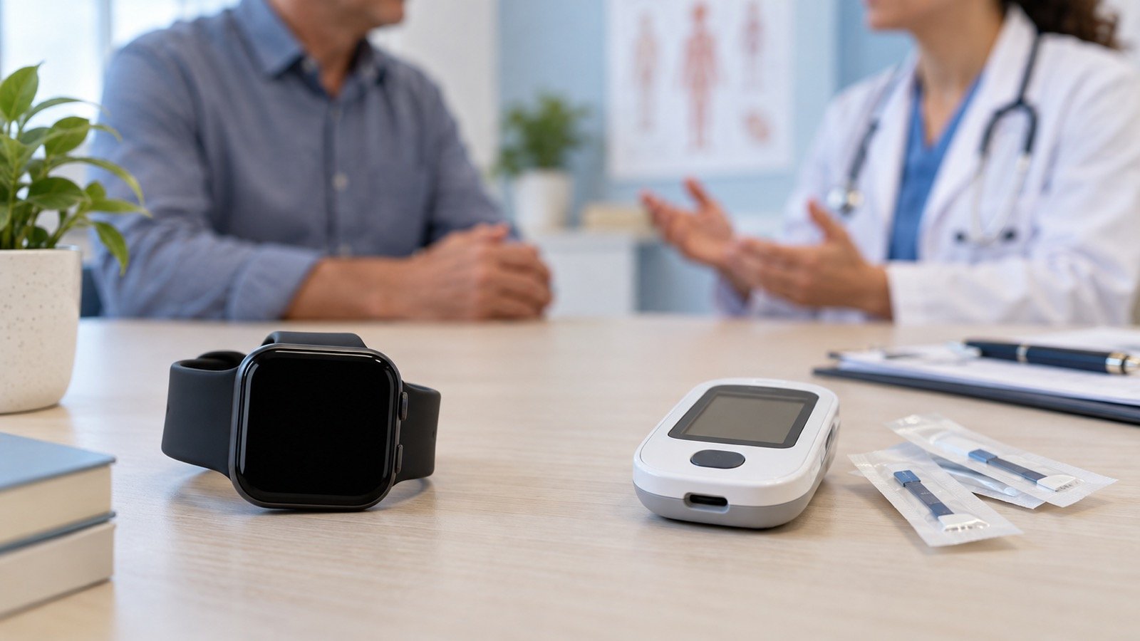 Smartwatch com tela desligada e glicosímetro separados sobre uma mesa de consulta.