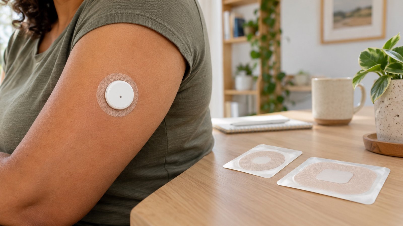 Ilustração de sensor de glicose com adesivo no braço e protetores genéricos sobre uma mesa.