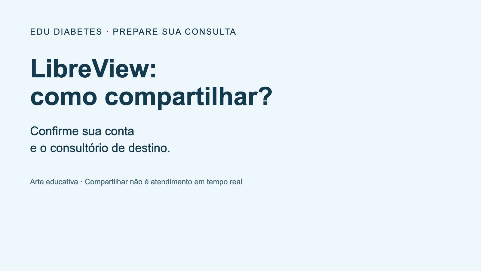 Arte educativa orienta confirmar conta e consultório antes de compartilhar dados do LibreView com a equipe de saúde.